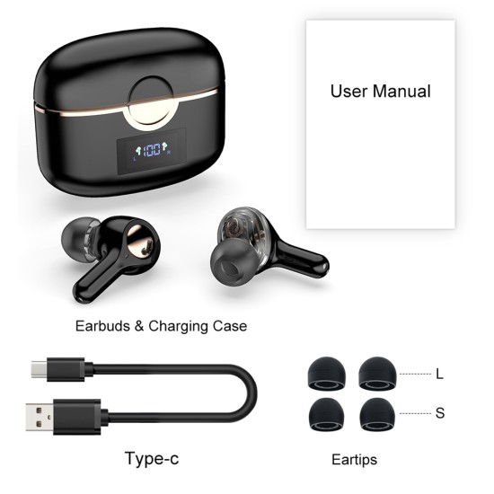 T22 TWS Wireless Headset Bluetooth Touch Control Double Moving Coil Four Speakers Headset Black