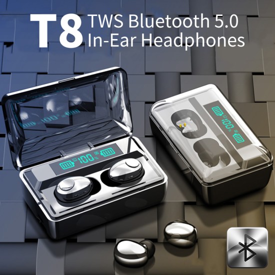 T8 TWS Earphone Wireless Bluetooth 5.0 Noise Cancelling Headphone Stereo Gaming Headsets LED Display 3500mAh Power Bank black