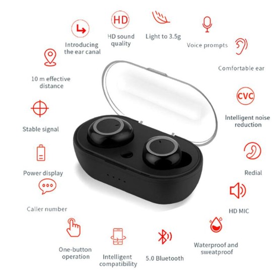 TWS Bluetooth Earphones TWS Stylish Stereo Sound Earset Wireless Twins Earbuds Earphones Bluetooth 5.0 black