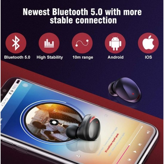 TWS T8 Bluetooth 5.0 True Wireless Earphones In-Ear Earbuds Deep Bass Stereo IPX6 Waterproof Sports Headset black