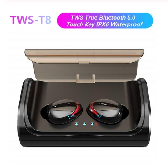 TWS T8 Bluetooth 5.0 True Wireless Earphones In-Ear Earbuds Deep Bass Stereo IPX6 Waterproof Sports Headset black