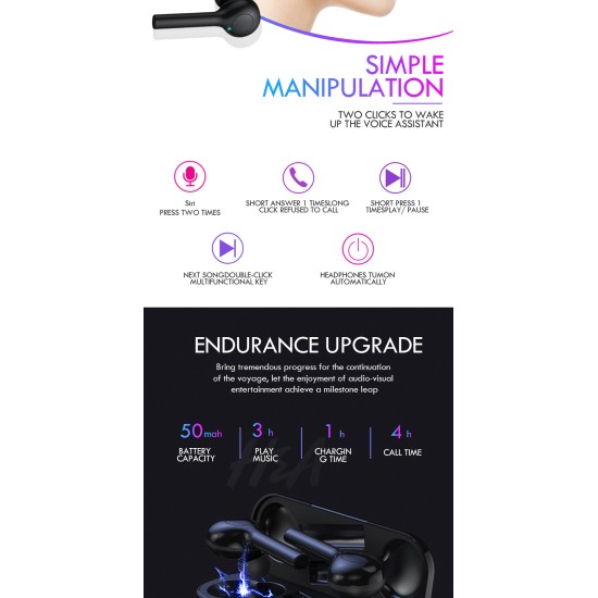 TWS TW08 Bluetooth 5.0 Earphone Wireless Headphones Clear Bass mic Eaburds for Phone - Black