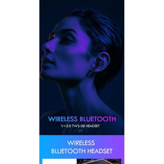 TWS TW08 Bluetooth 5.0 Earphone Wireless Headphones Clear Bass mic Eaburds for Phone - Black