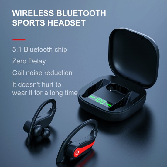 Tws Bluetooth Headphones with Mic Sports Ear Hook Led Display Wireless Hifi Stereo Earbuds Waterproof Dark Blue