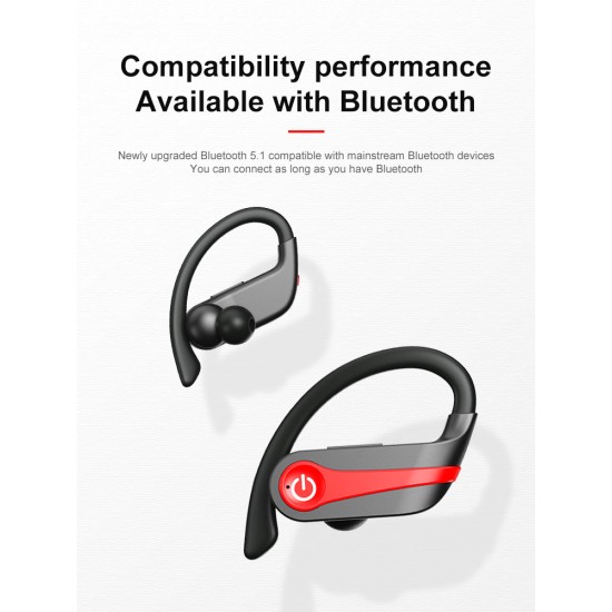 Tws Bluetooth Headphones with Mic Sports Ear Hook Led Display Wireless Hifi Stereo Earbuds Waterproof Dark Blue