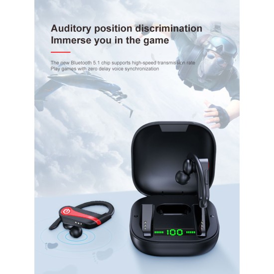 Tws Bluetooth Headphones with Mic Sports Ear Hook Led Display Wireless Hifi Stereo Earbuds Waterproof Black Red