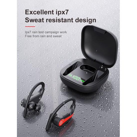 Tws Bluetooth Headphones with Mic Sports Ear Hook Led Display Wireless Hifi Stereo Earbuds Waterproof Black Red