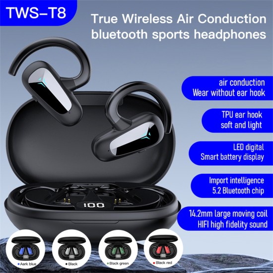 Tws-t8 Air Conduction Earphones Bluetooth Noise Cancelling Hi-fi Stereo Waterproof Sports Headset Black