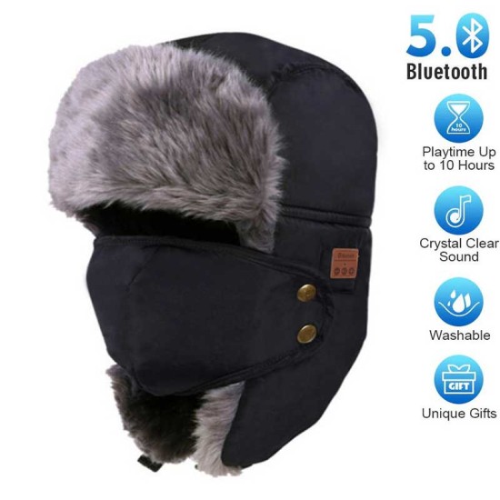 Unisex Women Men Cotton Winter Warm Bluetooth 5.0 Wireless Headset Cap Earphone Hat Navy blue