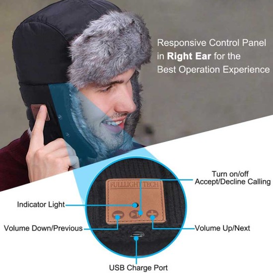 Unisex Women Men Cotton Winter Warm Bluetooth 5.0 Wireless Headset Cap Earphone Hat Navy blue