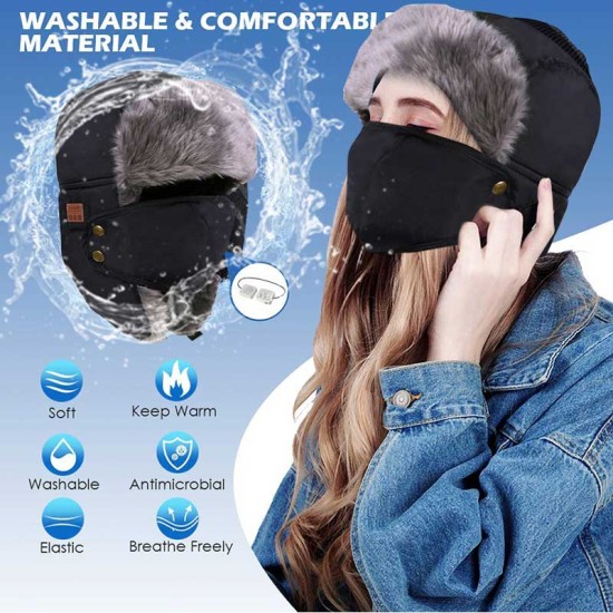 Unisex Women Men Cotton Winter Warm Bluetooth 5.0 Wireless Headset Cap Earphone Hat Navy blue