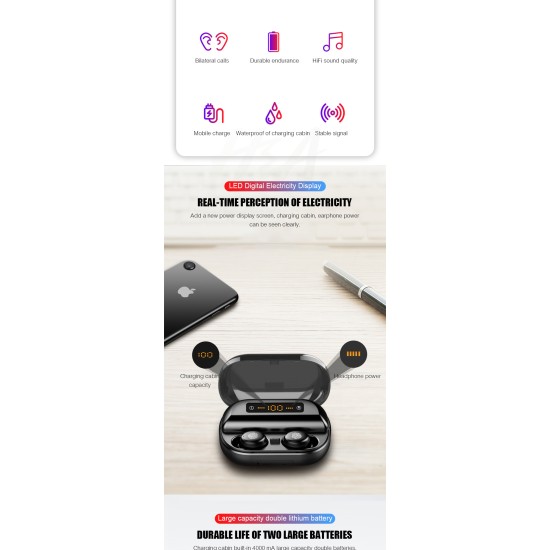 V11 TWS 5.0 Bluetooth 9D Stereo Earphone Wireless Headset IPX7 Waterproof Sport Headphone Widely Compatible black