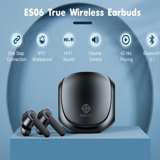 Wireless Bluetooth 5.1 Headset Es06 Waterproof Hifi Music Earbuds Fingerprint Earphones Black