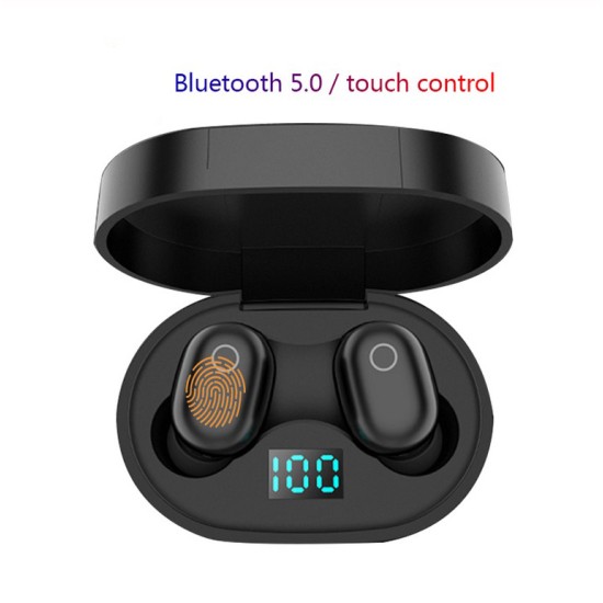 Wireless Earphone for IOS Android Cellphones Bluetooth V5.0 LED Display With Charging Bin Power Bank  black