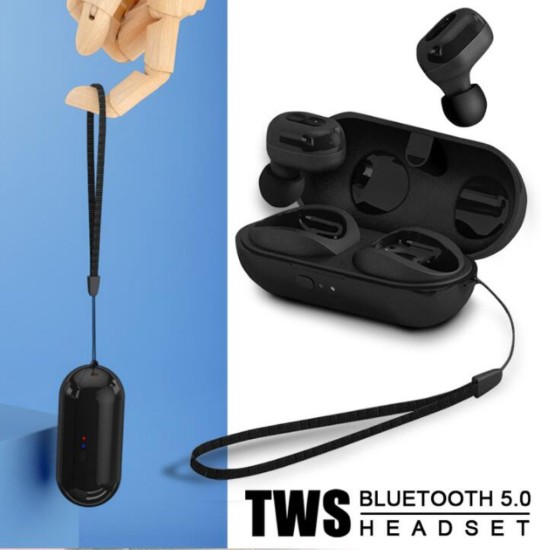 Wireless Earphones Bluetooth 5.0 TWS Headset Ergonomic In-Ear Stereo Sound with 300mAh Battery Compartment Sports Earbuds black