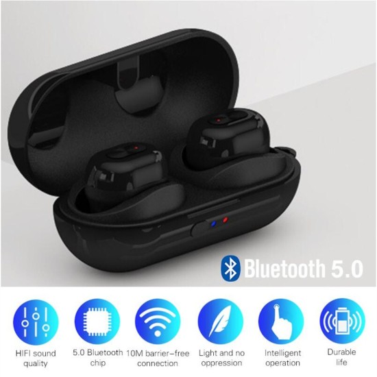 Wireless Earphones Bluetooth 5.0 TWS Headset Ergonomic In-Ear Stereo Sound with 300mAh Battery Compartment Sports Earbuds black