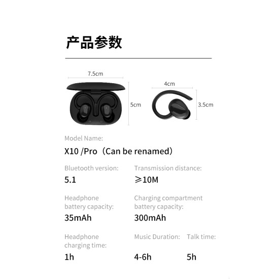 X10pro Bluetooth 5.1 Headset Digital Display Hanging Ear Earbuds Stereo In-ear Earphones Black