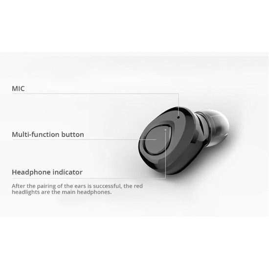 X18 Wireless Headset Hidden Earpiece 5.0 Bluetooth Wireless Stereo Earphone with Mic Portable Battery Storage - Black