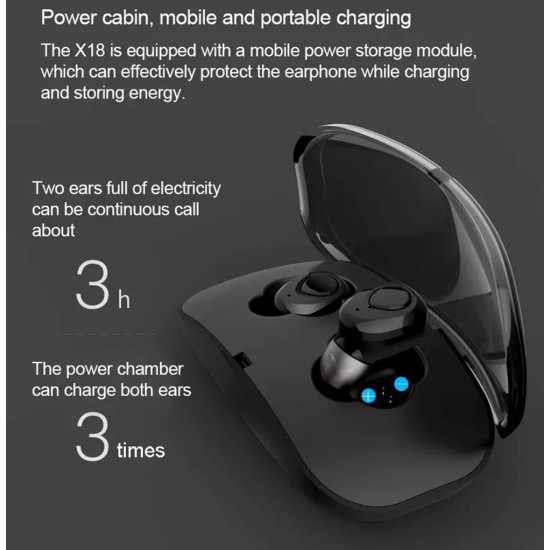 X18 Wireless Headset Hidden Earpiece 5.0 Bluetooth Wireless Stereo Earphone with Mic Portable Battery Storage - Black