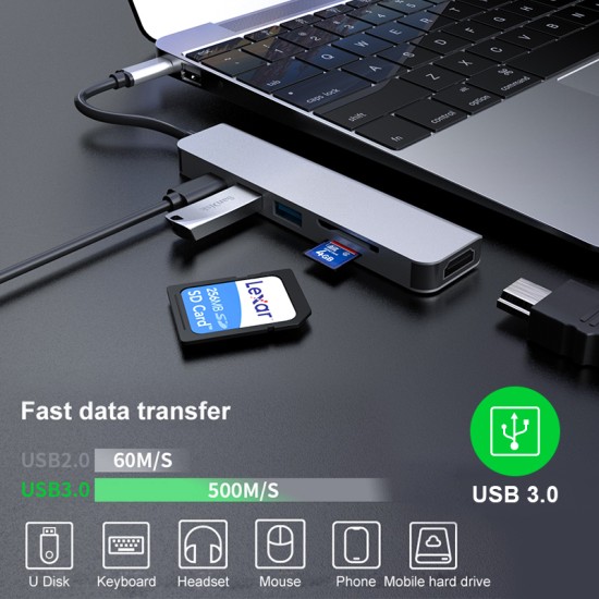 6in1 Type C to 4K HDMI 87W High-Speed PD Charging USB3.1 Hub 6 in 1 Docking Station Silver