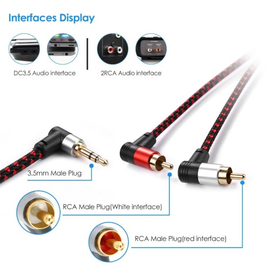 Braided 90degree 3.5mm jack to 2RCA Audio Cable Wrapped Shielded For Speakers Amplifier Mixer