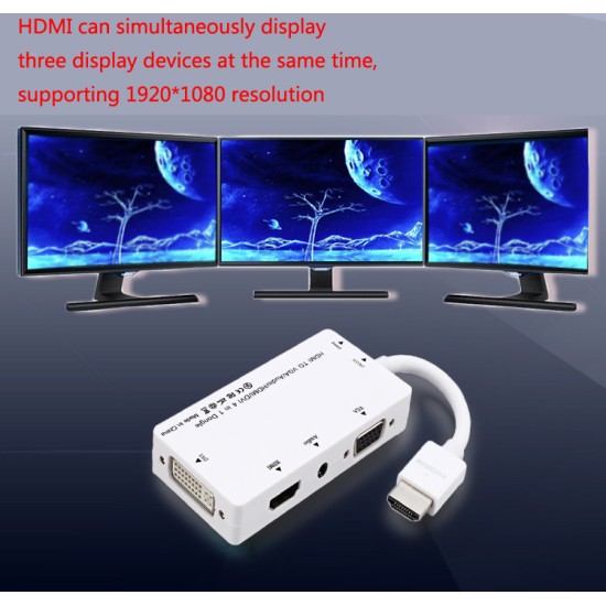 Cabledeconn 4 in1 HDMI Splitter HDMI to VGA DVI Audio Video Cable Multiport Adapter Converter  white