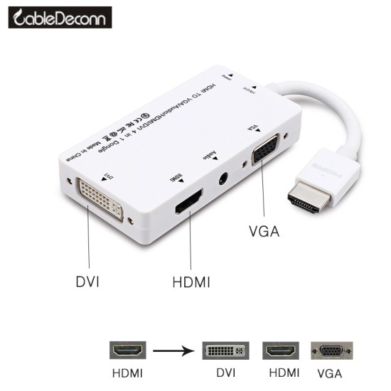 Cabledeconn 4 in1 HDMI Splitter HDMI to VGA DVI Audio Video Cable Multiport Adapter Converter  white