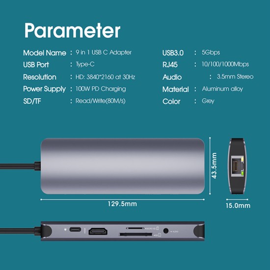 Dj1001 9-in-1 5-USB C Hub, USB C to Ethernet HDMI-compatible USB Adapter with 1000Mbps Ethernet Port, Compatible for MacBook/Pro/Air/ Android Phone/ Laptops/ Tablet grey