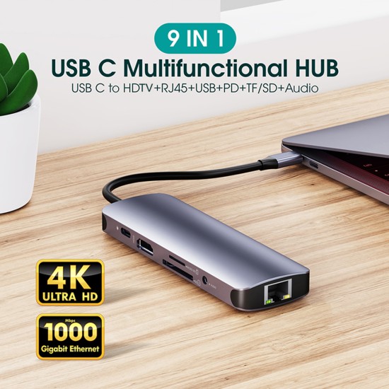 Dj1001 9-in-1 5-USB C Hub, USB C to Ethernet HDMI-compatible USB Adapter with 1000Mbps Ethernet Port, Compatible for MacBook/Pro/Air/ Android Phone/ Laptops/ Tablet grey