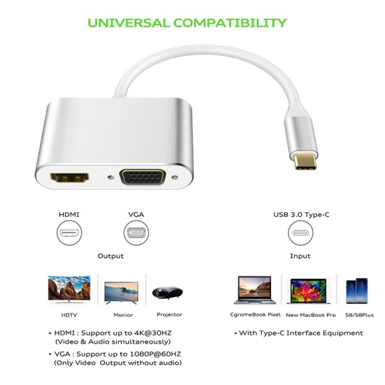 USB 3.1 Type-C to HDMI VGA Adapter 2 in 1 VGA HDMI 4K UHD Dual Screen Display Adapter  Silver