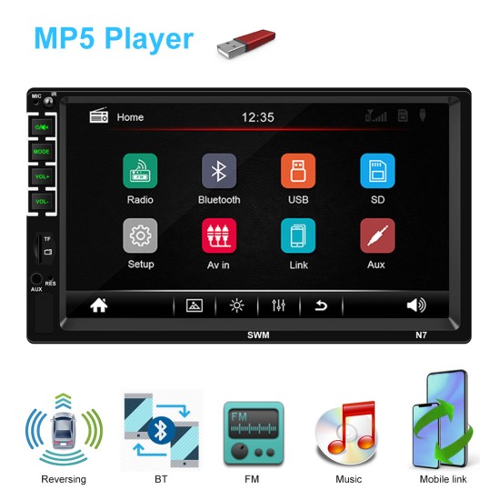 7-inch Car Stereo Mp5 Player HD Touch-screen Universal Bluetooth Aux Playback Radio Reversing with 12 light camera