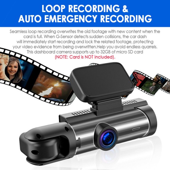 Dash Cam 3.16-inch Dual-lens Driving Recorder Front Inside Camera G-sensor HD Night Vision Wide-angle Car Dvr Black