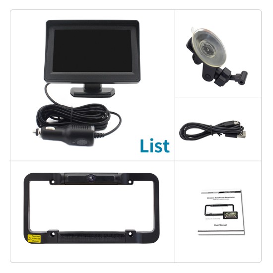 Wireless Solar License Plate Frame +4.3 Inch Display Reversing System black