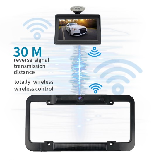 Wireless Solar License Plate Frame +4.3 Inch Display Reversing System black