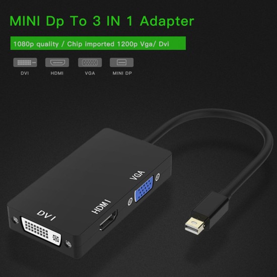 3-in-1 1080P Mini DP Display Port to HDMI DVI VGA 8-pin Adapter Converter Cable black