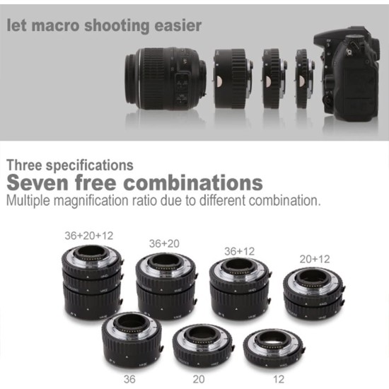 Auto Focus Macro Extension Tube Set Metal Mount for Nikon AF AF-S DX FX SLR Cameras  black