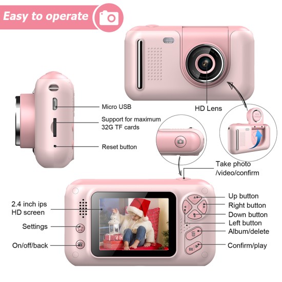 Kids Hd Digital Camera 20 Million Pixel Video Recorder 180 Degree Rotation Small Slr Photo Camera Pink