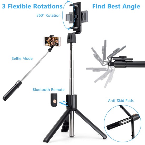 Selfie Stick Tripod Stand Holder Extendable with Bluetooth Remote 360°Rotatable Phone Holder K10 with mirror