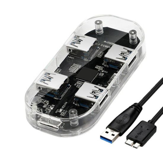 Transparent USB HUB 4-Port Splitter USB3.0 Adapter Supports External Micro USB Power for Desktop Laptop Transparent