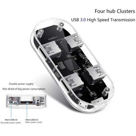 Transparent USB HUB 4-Port Splitter USB3.0 Adapter Supports External Micro USB Power for Desktop Laptop Transparent