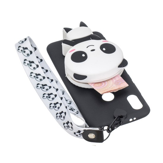 For HUAWEI Y6 2019 Y7 2019 Y9 2019 Cartoon Full Protective TPU Mobile Phone Cover with Mini Coin Purse+Cartoon Hanging Lanyard 4 black pandas