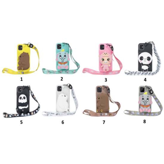 For HUAWEI Y6 2019 Y7 2019 Y9 2019 Cartoon Full Protective TPU Mobile Phone Cover with Mini Coin Purse+Cartoon Hanging Lanyard 4 black pandas