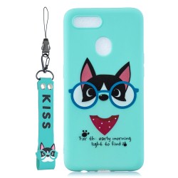 For OPPO A7 Cartoon Lovely Coloured Painted Soft TPU Back Cover Non-slip Shockproof Full Protective Case with Lanyard Light blue