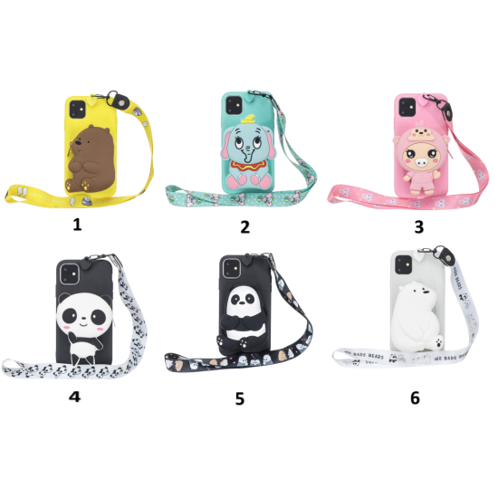 For Samsung A10S A20S TPU Full Protective Cartoon Mobile Phone Cover with Coin Purse+Hanging Lanyard 4 black pandas