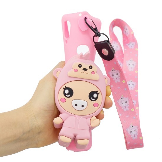 For Samsung A10S A20S TPU Full Protective Cartoon Mobile Phone Cover with Coin Purse+Hanging Lanyard 3 deep pink piglets