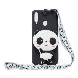 For Samsung A10S A20S TPU Full Protective Cartoon Mobile Phone Cover with Coin Purse+Hanging Lanyard 4 black pandas