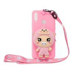 For Samsung A10S A20S TPU Full Protective Cartoon Mobile Phone Cover with Coin Purse+Hanging Lanyard 3 deep pink piglets