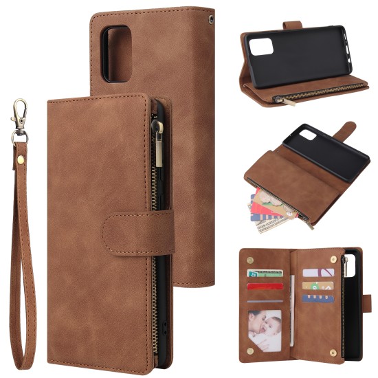 For Samsung A71 Case Smartphone Shell Precise Cutouts Zipper Closure Wallet Design Overall Protection Phone Cover  Brown