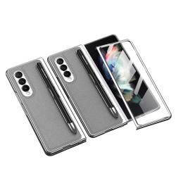 Leather Folding Mobile Phone  Case All-inclusive Anti-drop Creative Pen Slot Mobile Phone Cover Compatible For Zfold3/w22 grey