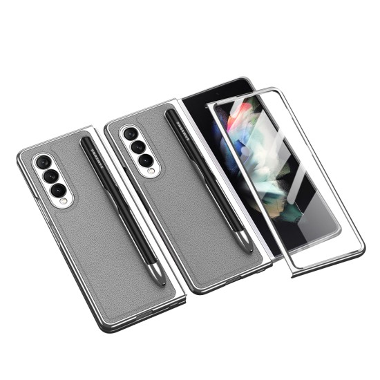 Leather Folding Mobile Phone  Case All-inclusive Anti-drop Creative Pen Slot Mobile Phone Cover Compatible For Zfold3/w22 grey